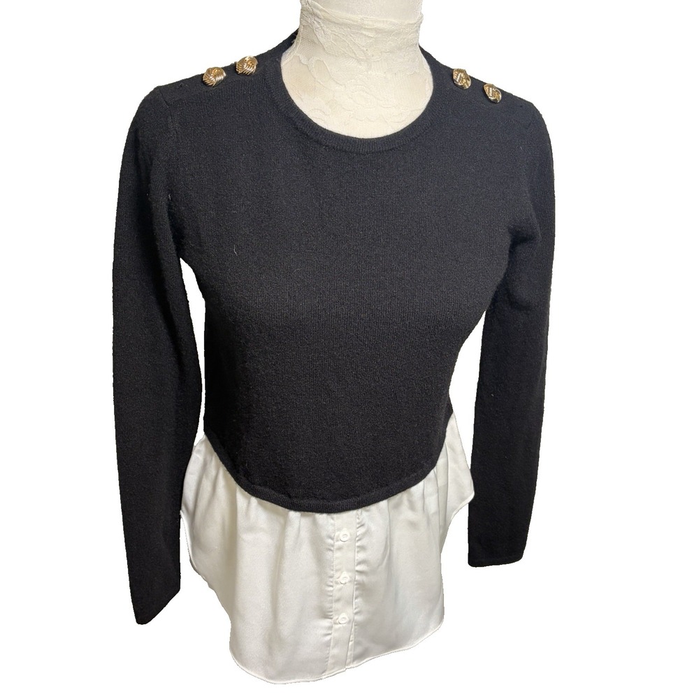 AQUA CASHMERE Black Cashmere Sweater w White Shirt Hem~XS~Trendy Luxe Schoolgirl